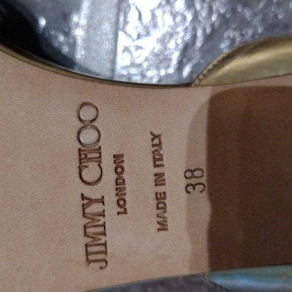 Jimmy Choo Gold mirror open toe strappy cross over sling back sandal heel 38 - Picture 6 of 10